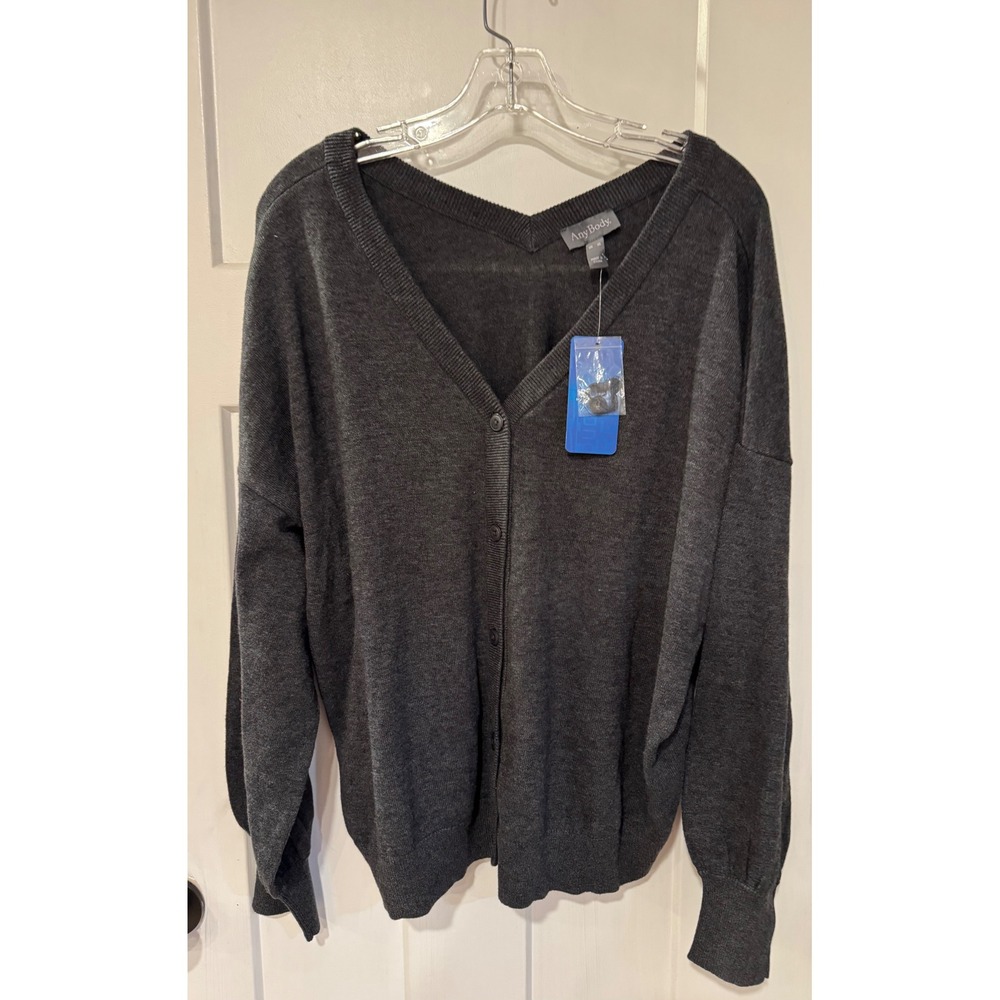 AnyBody Seawool V-Neck Button Front Cardigan Charcoal Grey XL A384318 NEW